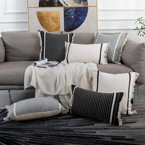Vista 7 de OJIA Funda de Almohada Moderna con Borlas, Funda de Cojín Decorativa con Flecos de Liana, Funda de Almohada Tejida Estilo Granja para Sofá Silla