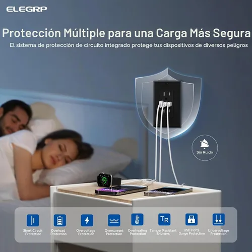 Vista 4 de ELEGRP Tomacorrientes USB, tomacorriente de pared de 15 amperios con 3 puertos USB, tomacorrientes con puertos USB C duales, receptáculos
