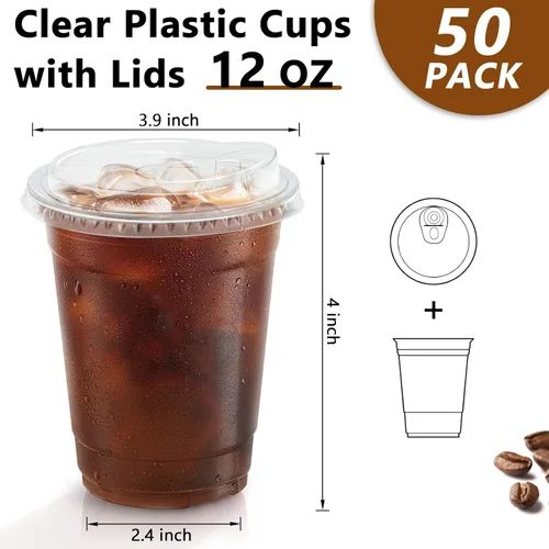 Vista 2 de Clawsoff Paquete de 50 vasos de plástico transparente de 12 onzas con tapas, tazas de café helado resistentes con tapas para sorbos, vasos