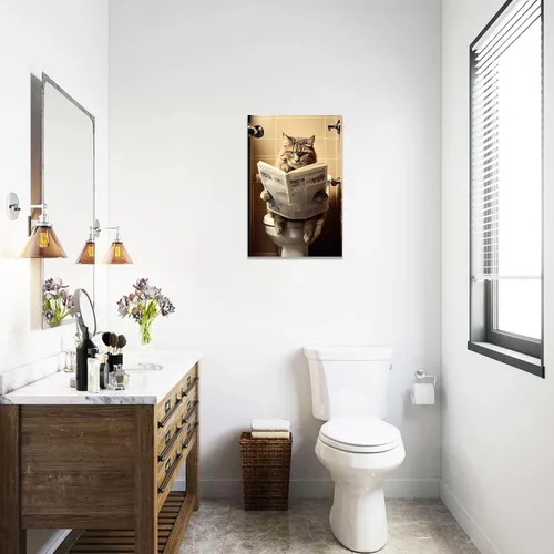 Vista 2 de CCWACPP Divertido lienzo para baño, arte de pared de gato sentado en el inodoro, lectura de periódicos, impresiones de pintura de inodoro, baño