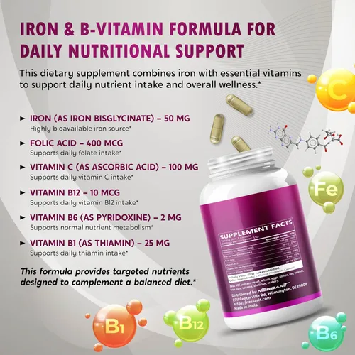 Vista 11 de Hierro natural de alta potencia con vitamina C, ácido fólico, fórmula de alta absorción, vitamina B1, vitamina B6, vitamina B12, ayuda a