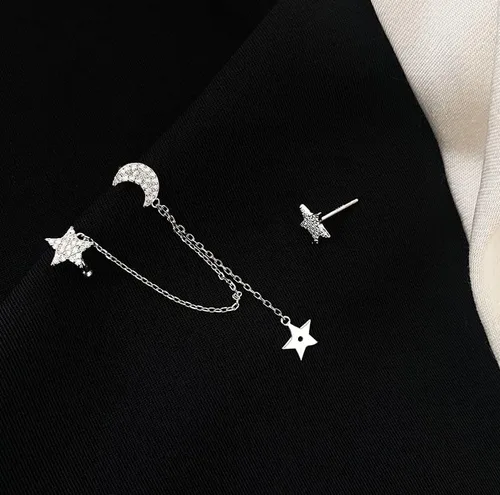Vista 6 de SLUYNZ - Aretes de plata esterlina 925 para mujer, asimétricos, aretes de estrella y luna, cadena con dije