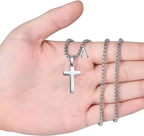 Vista 2 de Collar de cruz con inicial para niños y hombres, de acero inoxidable, dije de cruz con letra inicial, joyería para primera comunión, regalos