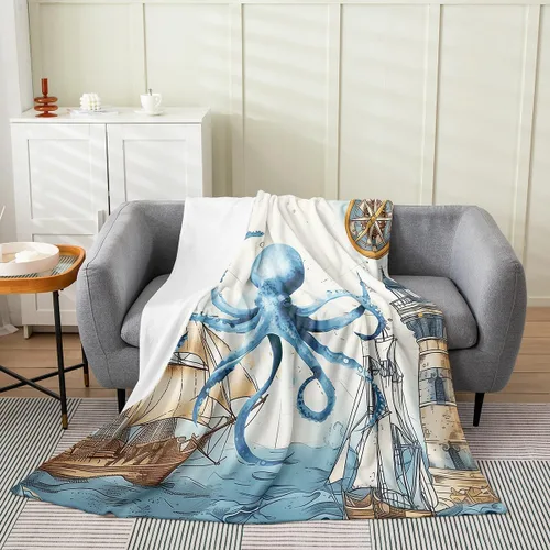 Vista 2 de Manta de franela de pulpo de 40 x 50 pulgadas, cálida y ligera, diseño de dibujos animados 3D, manta sherpa de franela moderna de aventura oceánica