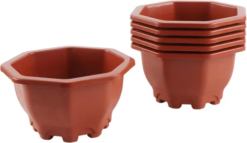 Vista 10 de Paquete de 8 macetas de plástico para bonsái con bandejas, malla Hexágono marrón