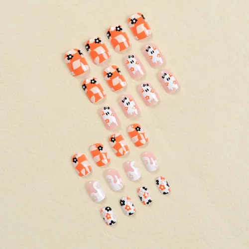 Vista 5 de 24 uñas postizas cortas de Halloween a presión, uñas postizas brillantes para Halloween, uñas postizas cuadradas de fantasma, uñas postizas color11