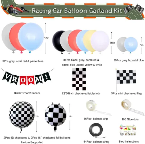 Vista 3 de Kit de arco de guirnalda de globos de carrera, color pastel, coral, gris, amarillo, azul bebé, negro, blanco, globos con globos de aluminio a