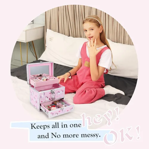 Vista 2 de Hododou Joyero para niñas diseño de unicornio rosa organizador con cajón y espejo estuche de almacenamiento con cerradura estilo unicornio