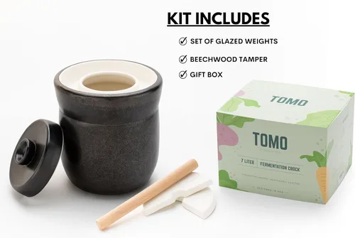 Vista 2 de TOMO Crock de fermentación con pesas 3L – Cerámica chucrut decapado Crock – Cerámica de Cerámica Kombucha Brewing – 3 litros (1 galón), peltre