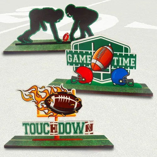 Vista 7 de Paquete de 3 carteles de mesa de madera de fútbol americano, decoración de mesa de una palabra, decoración de mesa de juegos de pelota deportiva