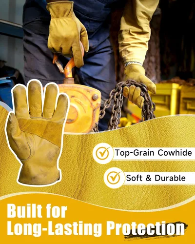 Vista 4 de DULFINE Cowhide Leather Work Gloves for Men & Women, Reinforced Durable Gardening Gloves, Puncture & Cut Resistant