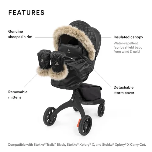 Vista 2 de Stokke Xplory X - Kit de invierno, color negro ónix, protege al bebé del clima frío y el viento, incluye guantes de forro polar para padres, telas