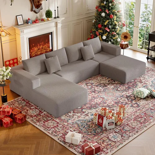 Vista 17 de Sofá modular sin hueso de 134.6 pulgadas para sala de estar, sofá modular de pana en forma de U con diván y almohadas, sofá seccional de 4 asientos