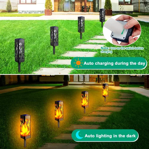 Vista 4 de TomCare Luces de camino con llamas parpadeantes alimentadas por energía solar decorativa para jardín, impermeable, iluminación de paisaje al aire