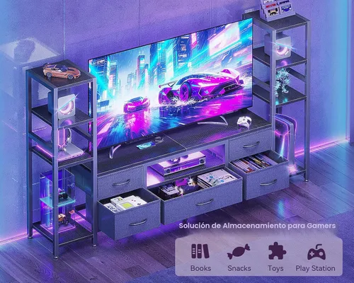 Vista 6 de Casaottima Soportes de TV de 71 pulgadas para centro de entretenimiento de TV de 43, 50, 55 pulgadas con luces LED y tomas de corriente, soporte