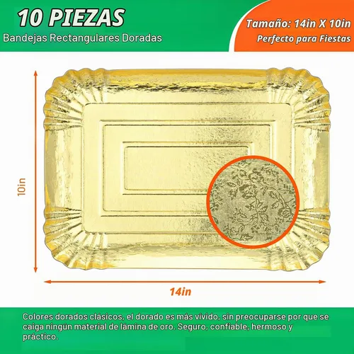 Vista 2 de 10 piezas de bandejas rectangulares doradas, de papel de cartón desechable resistente para platos, para elegante mesa de postres, exhibición