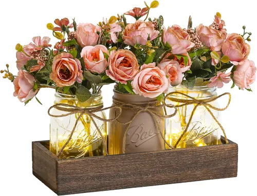 Vista 10 de 3 Piezas Centro de Mesa con Tarro de Conservas Decoraciones para Comedor, Mesa de Café de Granja con Bandeja de Madera y Luz LED, Centros de Mesa