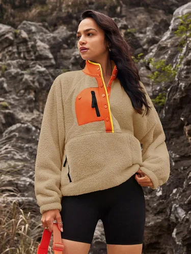 Vista 3 de Nirovien - Chaqueta de forro polar con capucha para mujer, manga larga, sherpa, sudadera mullida, abrigada, con botones y bolsillos Un rosa