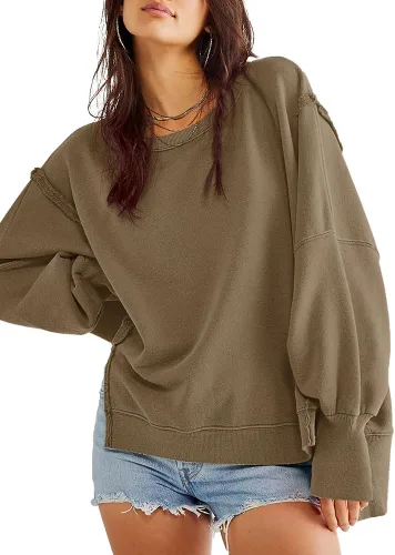 Vista 3 de Beaully Sudaderas de gran tamaño para mujer, cuello redondo, manga larga, abertura lateral, suéter casual para otoño