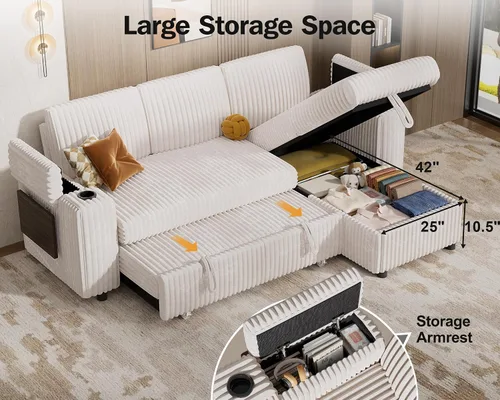Vista 7 de Vipbear Sofá cama modular de 86 pulgadas con cama extraíble, sofá en forma de L de pana de felpa de 3 asientos con diván de almacenamiento, puertos
