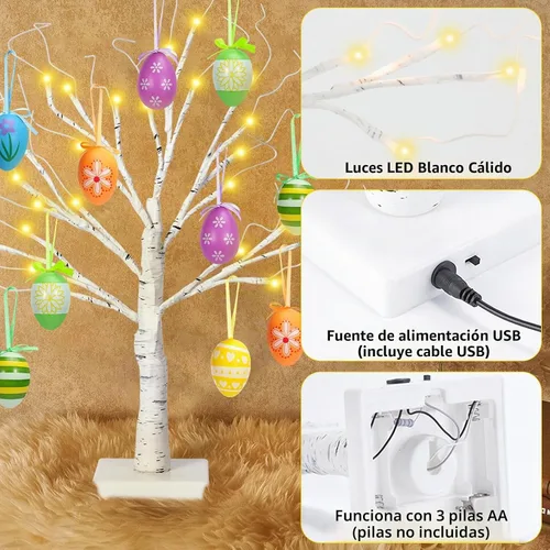 Vista 3 de Árbol de abedul iluminado de Pascua de 24 pulgadas con 12 adornos, LED blanco cálido, árbol artificial de mesa, 8 modos de iluminación USB
