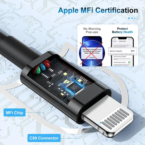 Vista 2 de Paquete de 3 cables de carga de 3 pies con certificación MFi de Apple, cable Lightning a USB, cable largo de carga rápida de 2.4 A, para iPhone Negro