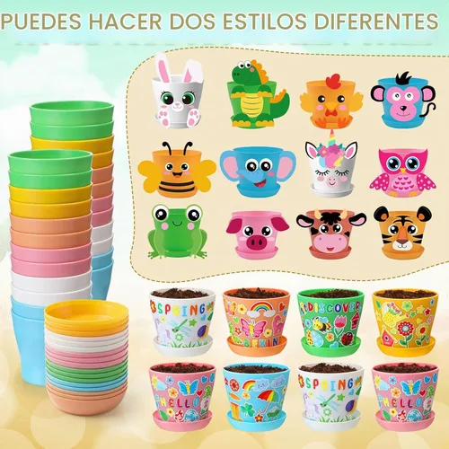 Vista 4 de Capoda Juego de 24 macetas de jardín, kit de manualidades, macetas de plástico de primavera para vivero con calcomanías, tablas de crecimiento