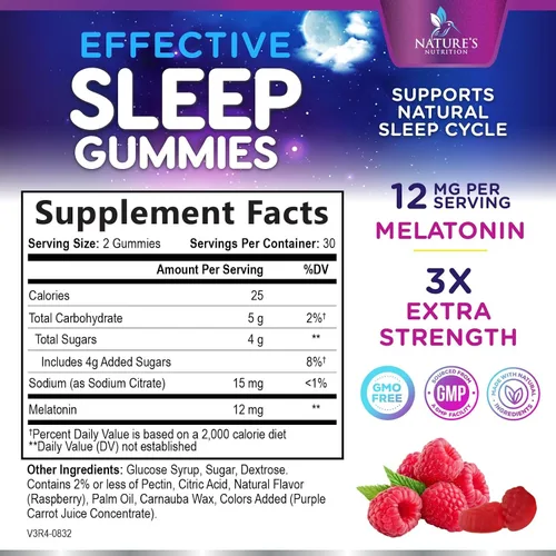 Vista 2 de Gomitas de melatonina para dormir, melatonina de 12 mg por porción, extra fuerte para apoyar el sueño, gomitas de melatonina, suplemento vegano