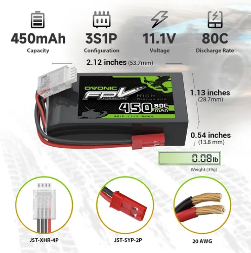 Vista 2 de OVONIC Batería Lipo de 11.1V 80C 450mAh 3S con enchufe JST [1 paquete que incluye 2 baterías]