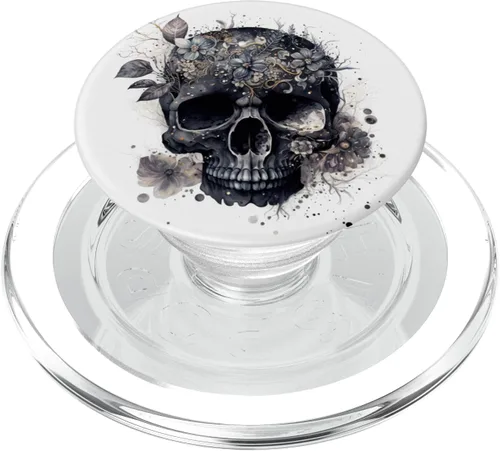 Vista 8 de Gráfico de calavera floral para mujer, cumpleaños, único, negro, calavera, PopSockets, PopGrip estándar