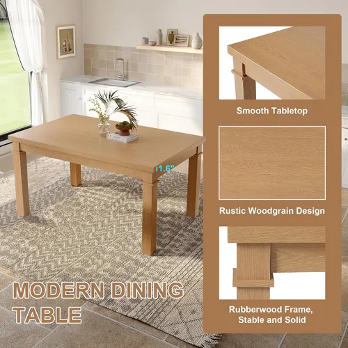 Vista 6 de P PURLOVE Juego de mesa de comedor de 6 piezas, mesa de cocina rectangular de madera con 4 sillas tapizadas, 1 banco para comedor y sala de estar