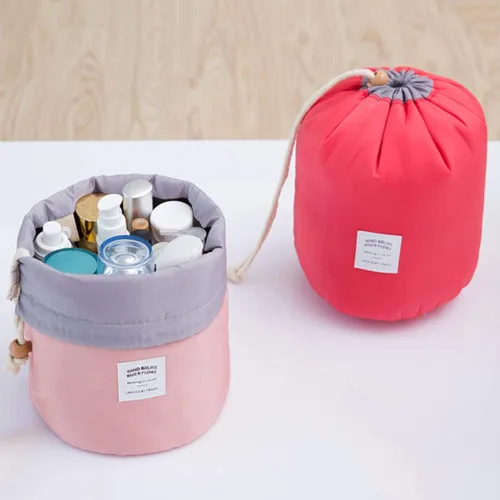 Vista 3 de Estuches de viaje cosméticos, cilíndrico portátil lavado bolsa de almacenamiento con cordón organizador de cosméticos de viaje azul, Azul