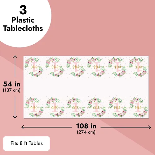 Vista 5 de Paquete de 3 manteles florales de plástico para suministros de fiesta de primer cumpleaños de bebé niña (54 x 108 pulgadas)