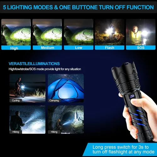 Vista 5 de Karrong Linterna recargable, linterna de haz largo de alto lúmenes, linterna potente súper brillante, 5 modos, zoomable, impermeable, luz táctica