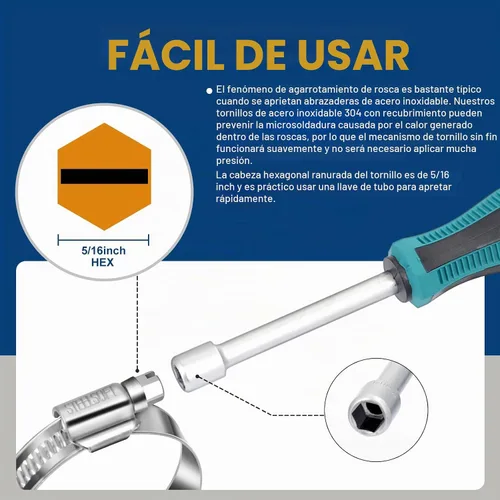 Vista 6 de Abrazaderas de manguera de engranaje helicoidal de acero inoxidable antideslizantes 3/8 a 5/8 "(0.394-0.630 in) SAE Size 4, 5/16"Hex Head, Soft