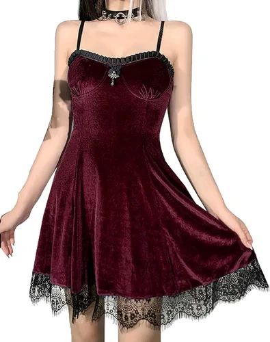 Vista 2 de TSMNZMU Vestido gótico de terciopelo para mujer, sin mangas, vestido de hada Lolita, vestido vintage de bruja, vestido de encaje Harajuku