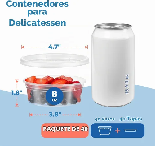 Vista 3 de Fit Meal Prep Paquete de 40 recipientes de 8 onzas con tapas, recipientes de cuarto de galón a prueba de fugas con tapas, contenedor de plástico