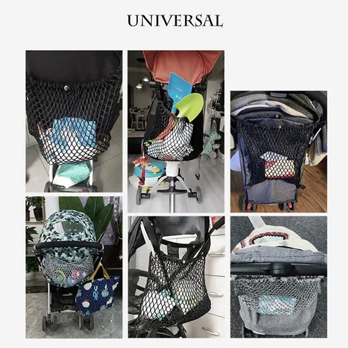 Vista 6 de Organizador universal para cochecito de bebé, bolsa de almacenamiento de malla de poliéster con espacio de almacenamiento extragrande, accesorios