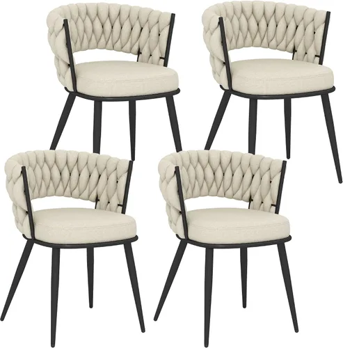 Vista 23 de Juego de 2 sillas de comedor tejidas, modernas sillas de comedor tejidas a mano con patas de metal negro, sillas tapizadas con marco negro