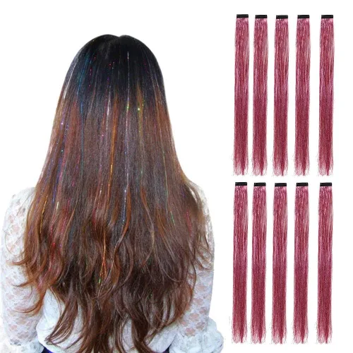 Vista 8 de 10 unids/set de extensiones de pelo de oropel con clip, multicolores con purpurina, mechones de pelo de hadas para mujeres bronce