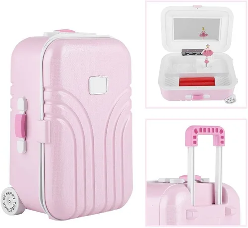 Vista 6 de Walfront Caja de almacenamiento de joyas musicales para niña caja de música con diseño de maleta bonita maleta rosa modelo de joyería regalo