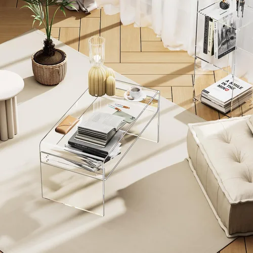 Vista 5 de Mesa de café acrílica para sala de estar con estante de almacenamiento abierto, mesa rectangular transparente de Lucite (1, Transparente, Normal)