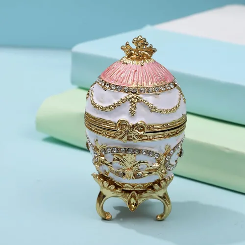 Vista 3 de SEVENBEES Caja única de joyería de huevo Faberge, organizador de joyas esmaltado con bisagras pintadas a mano, almacenamiento vintage con bisutería
