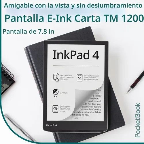 Vista 3 de PocketBook InkPad 4 Lector de audio y libros electrónicos amigable con los ojos Pantalla grande de tinta electrónica de 7.8 pulgadas