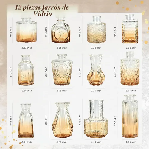 Vista 3 de Der Rose Juego de 12 jarrones de vidrio ámbar, pequeños jarrones para flores, centros de mesa rústicos de boda y decoración del hogar
