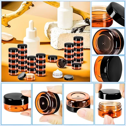 Vista 3 de Paquete de 50 de 10 g pequeños contenedores de cosméticos de plástico con tapas, frascos de maquillaje de 10 gramos de color ámbar con espátulas