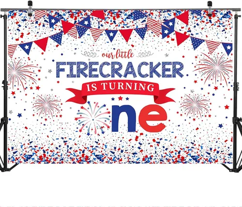 Vista 3 de Mocsicka Telón de fondo del primer cumpleaños del Día de la Independencia, 4 de julio, Our Little Firecracker is Turning One First cumpleaños