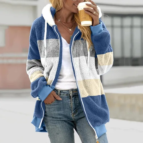 Vista 2 de SNKSDGM Chamarras de invierno para mujer, con cremallera completa, forro polar de piel sintética de oveja, Azul