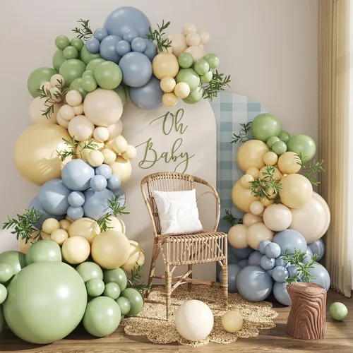 Vista 18 de Kit de arco de globos verde salvia azul pastel, 124 piezas de globos macarón amarillo blanco verde para decoraciones de cumpleaños de ganso, género