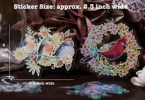 Vista 6 de LakoArt 120 calcomanías de pájaros y flores con borde holográfico plateado y fondo transparente, calcomanías de álbum de recortes de naturaleza